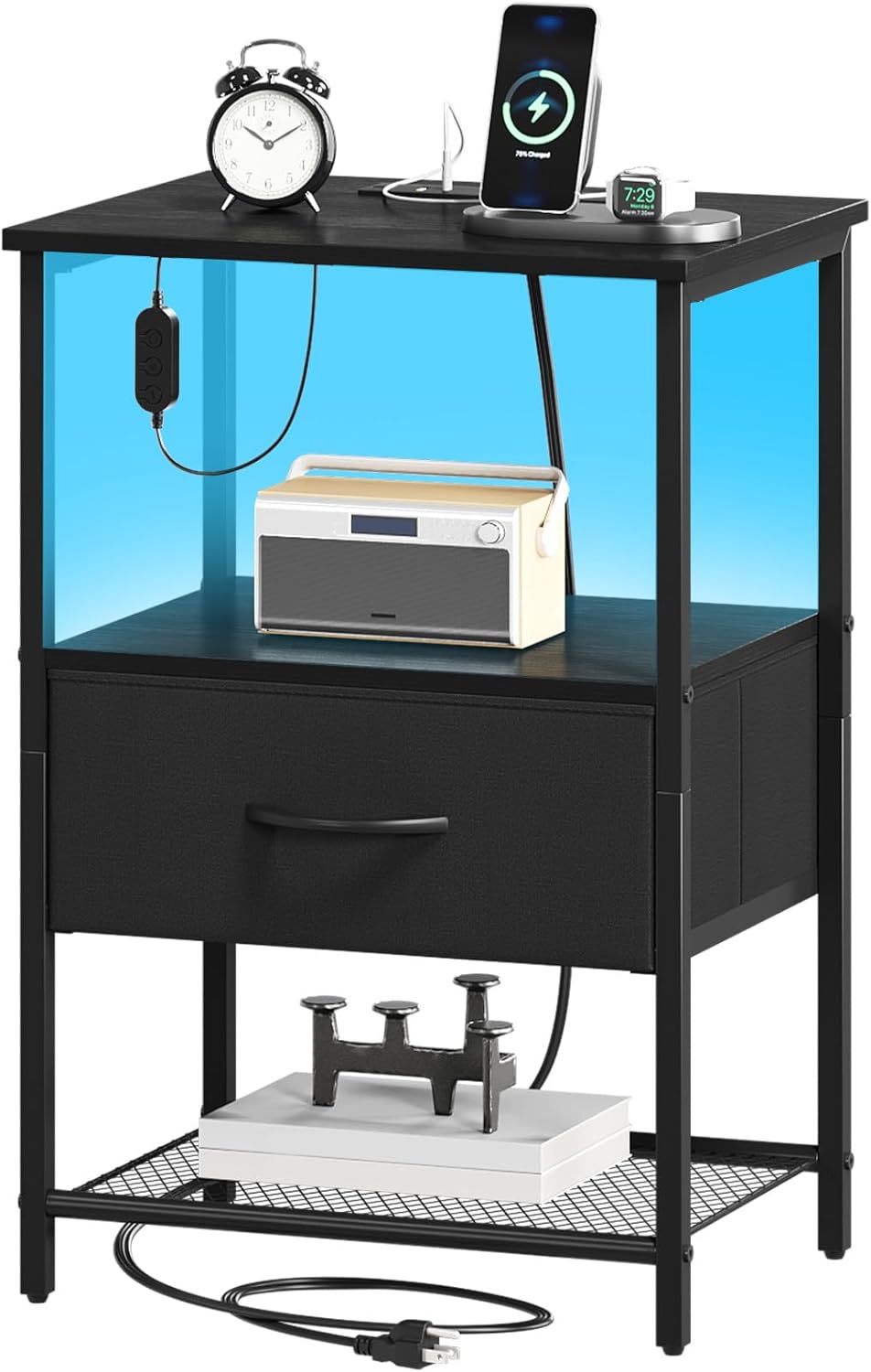 Somdot Nightstand with Charging Station and LED Light for Bedroom