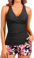 Women Tankini Swimsuits with Shorts - Black Pink Flower Tummy Control