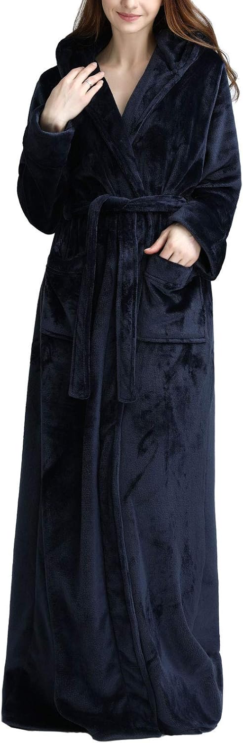 Flygo Womens Fuzzy Plush Long Hooded Robe for Cozy Comfort