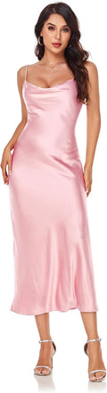 Womens Satin Silk Midi Slip Dress with Cowl Neck - Backless Sexy