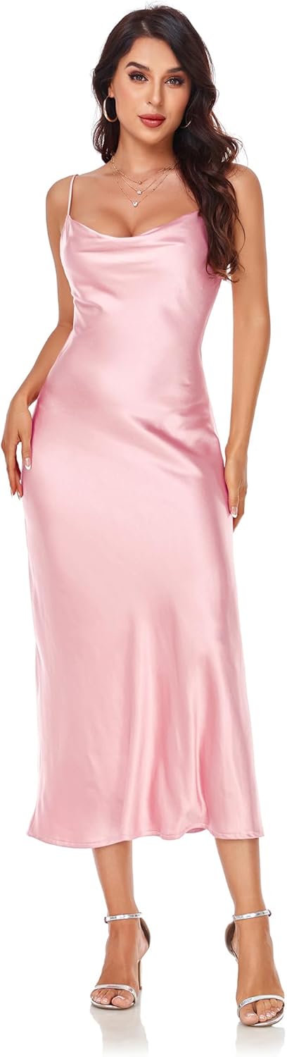 Women's Spaghetti Strap Midi Satin Silk Dress for Parties