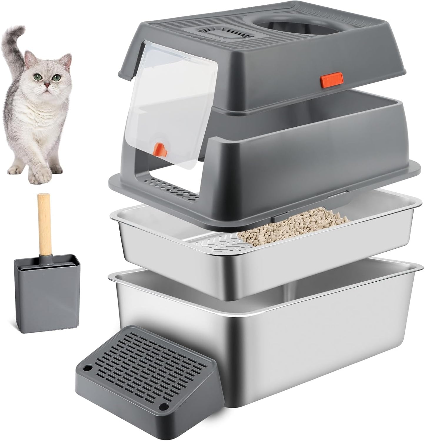 Stainless Steel Litter Box with Sifting Pan for Easy Cleaning