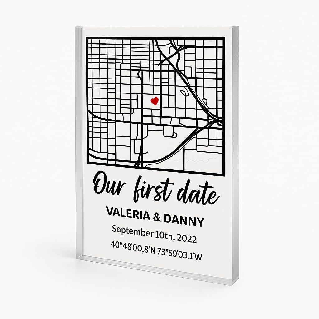 Custom Our First Date Map Block - Unique Couple Gift Plaque