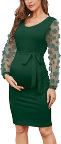 Floral Mesh Bishop Long Sleeve Maternity Midi Dress (Style V1Y2)
