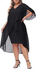 Plus Size Chiffon Cocktail Dress Ruffle 3/4 Sleeve - Flattering Fit