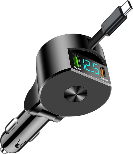 Super Fast PD 30W Retractable Car Charger for iPhone & Galaxy