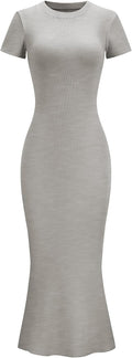 LOMON Women Fishtail Hem Ribbed Maxi Dress - Sleek Fitted Cotton Look