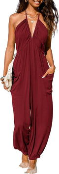 Burgundy Plunge Halter Jumpsuit for Women - Sleeveless Romper