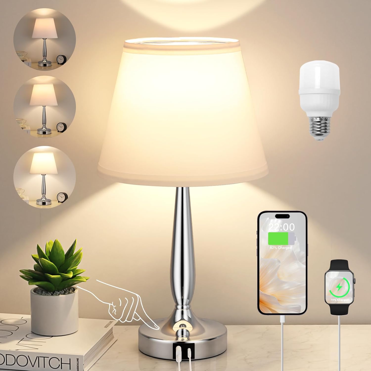 Kakanuo Touch Table Lamp with USB Charging for Bedroom Use