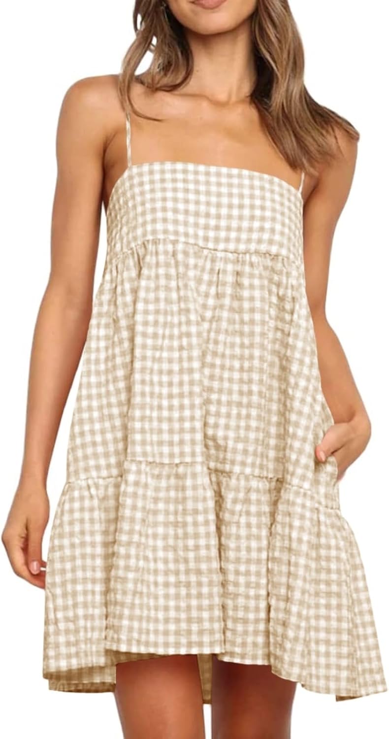 Womens Plaid A-line Dresses with Ruffle Hem and Side Pockets