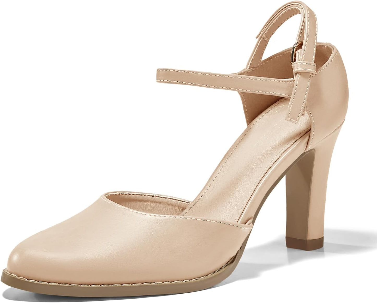 Coutgo Womens Chunky High Heels Closed Pointed Toe Ankle Strap Pumps