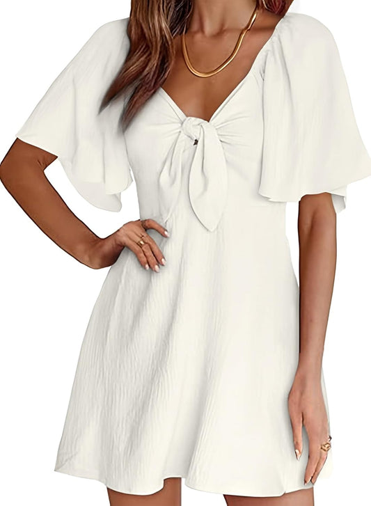 Dokotoo Womens Dresses Deep V Neck Elegant Bow Tie Mini Dress