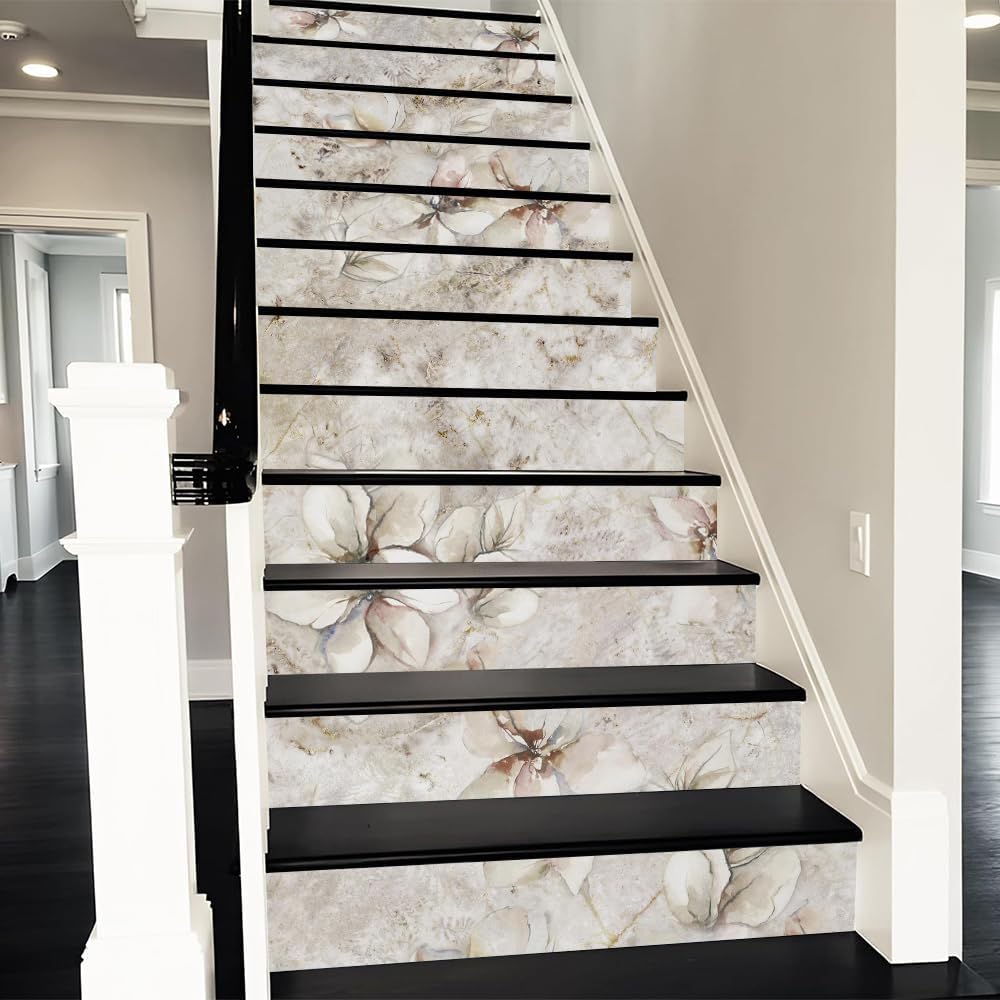 Ivory Abstract Camellia Flower Peel and Stick Stair Riser Decals