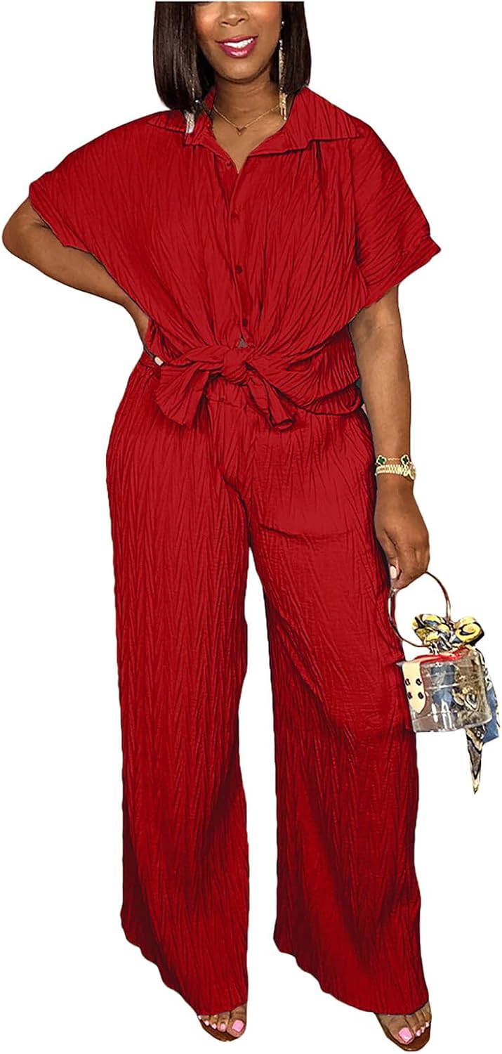 Casual Two Piece Set for Women - Stylish Button Down Shirt