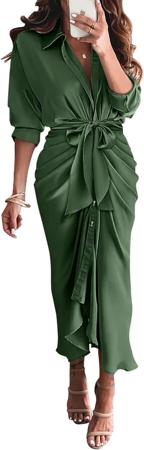 Elegant Satin Maxi Dress for Women with Long Sleeves and Belt