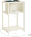 Cream White Side Table with Charging Station - Slim 3-Tier Nightstand