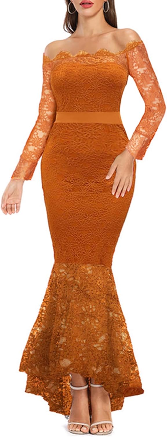 LALAGEN Women's Floral Lace Long Sleeve Off Shoulder Dress
