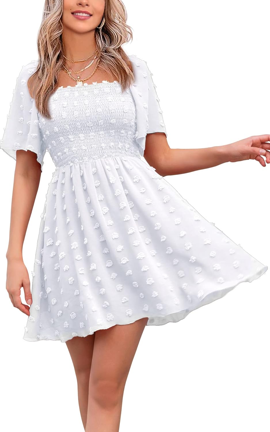 EXLURA Women's Summer Casual Square Neck Ruffle Mini Dress