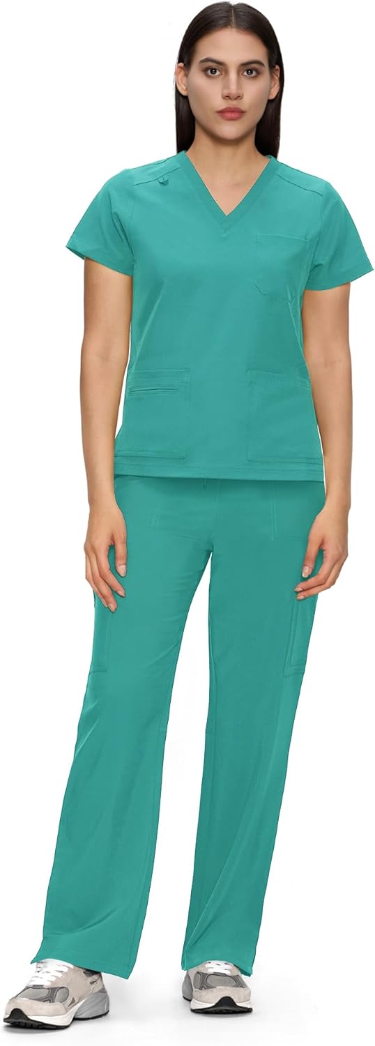V-Neck Scrubs for Women with 12 Pockets and Yoga Waistband
