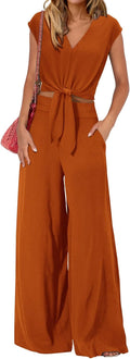 Women's Summer 2 Piece Outfits Wide Leg Pant Set - V Neck Crop