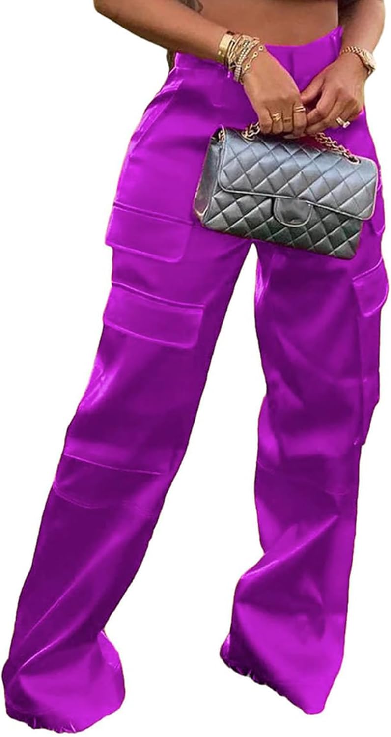 Satin Cargo Pants for Women High Waisted Wide Leg Style
