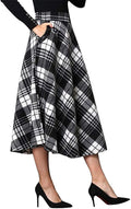 Womens Plaid Wool Midi Skirt with Elastic Waist - Warm Mid-Calf