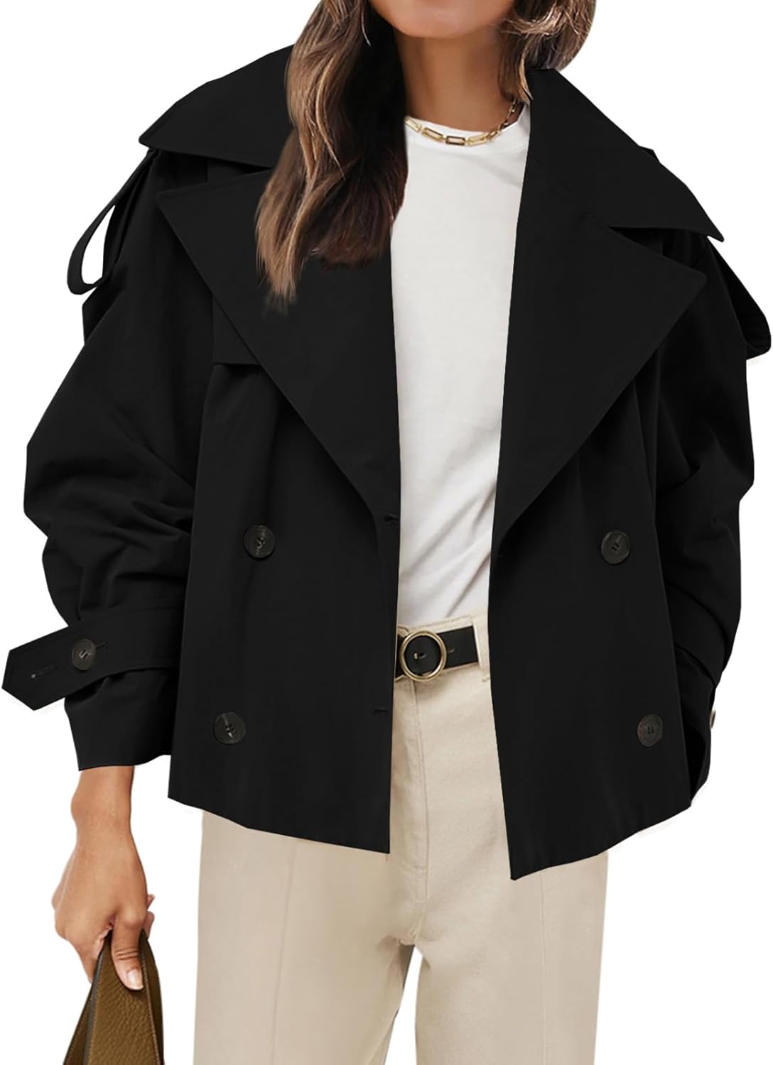 Womens Cropped Trench Coat Casual Double Breasted Short Jacket