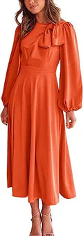 Formal Maxi Dress Puff Long Sleeve Crewneck Bow Tie A-Line - Flowy Fit