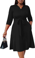 Plus Size Midi Dress for Women V Neck 3/4 Sleeve - Elegant Midi
