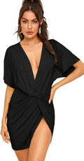 Floerns Women's Deep V Neck Twisted Plunging High Slit Mini Party