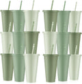 Sage Green 24 oz Plastic Cups with Lids and Straws - 24 Pack