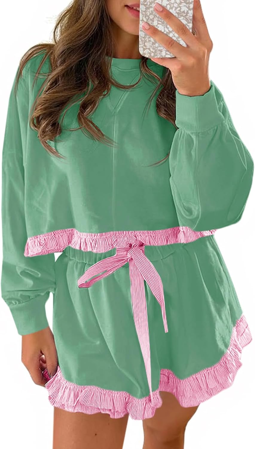 Fisoew Women's 2 Piece Lounge Sets with Ruffle and Drawstring