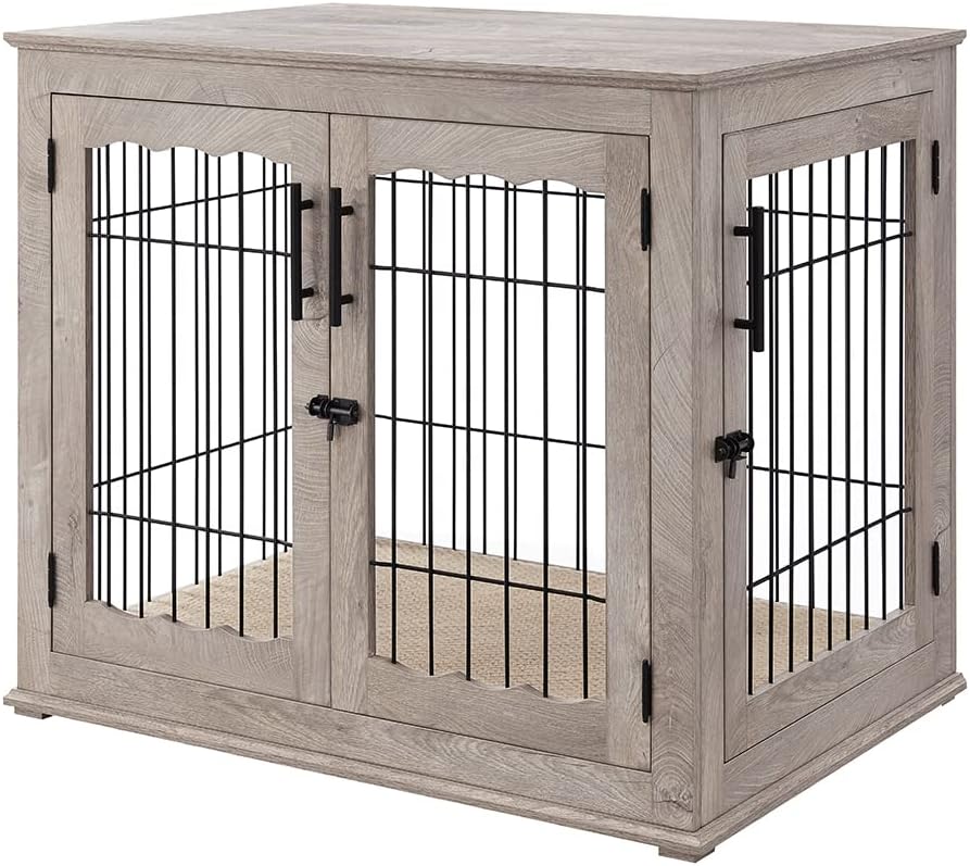 Durable Dog Crate End Table with Double Doors and Pet Bed
