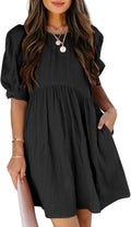 Womens Crewneck Puff Sleeve Babydoll Mini Dress - Lightweight Summer