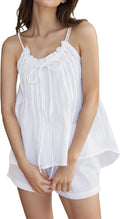 Womens Cotton 2 Piece Pajama Set Sleeveless Tie Straps Ruffle Trim