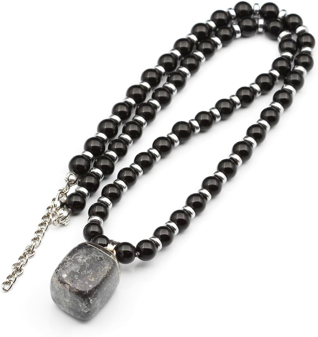 Natural Raw Tourmaline Pendant with Black Onyx Beaded Necklace