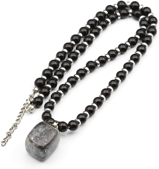 Natural Raw Tourmaline Pendant with Black Onyx Beaded Necklace