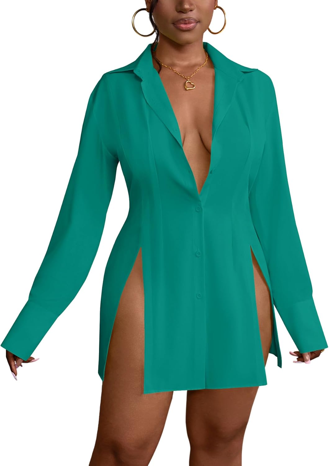LYANER Women's Sexy V Neck Long Sleeve Button Down Shirt Dress