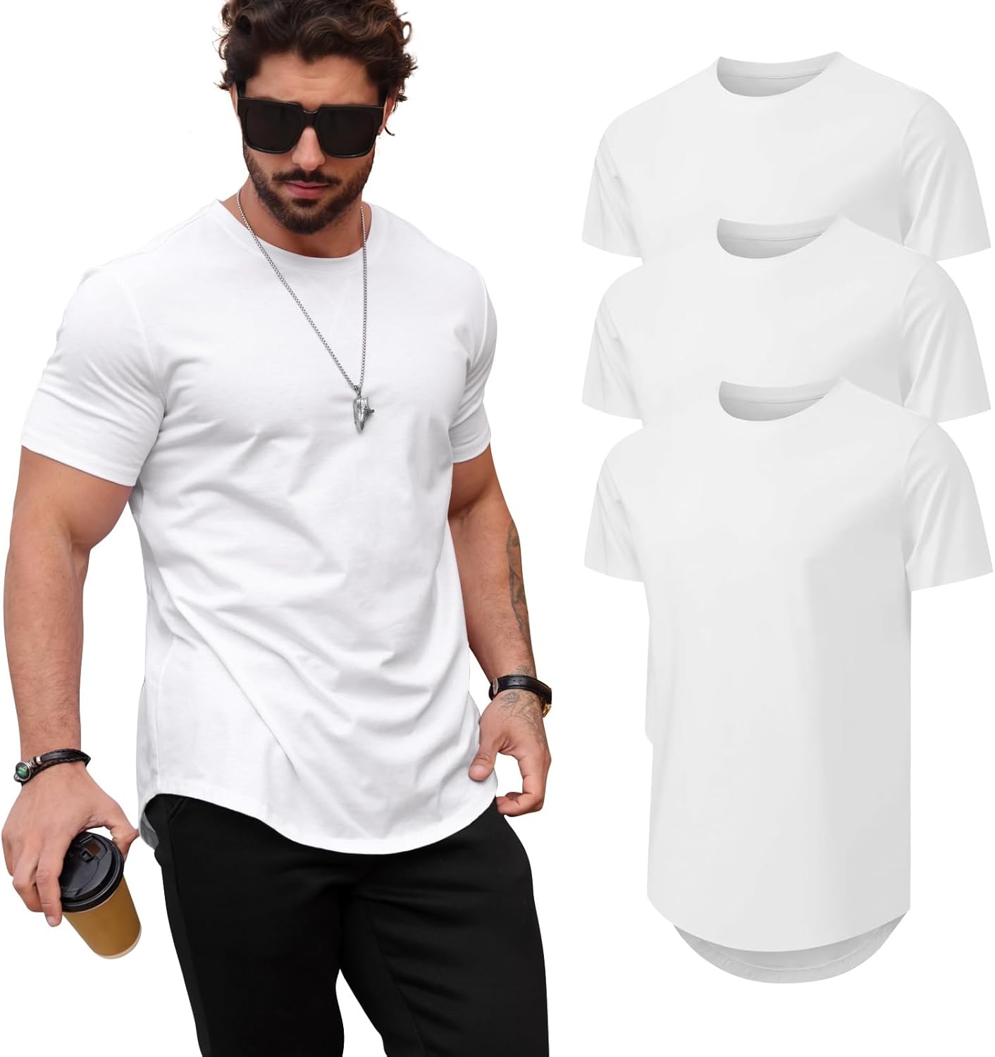 Mens T Shirts Casual Hipster Longline Crewneck Tee Shirts