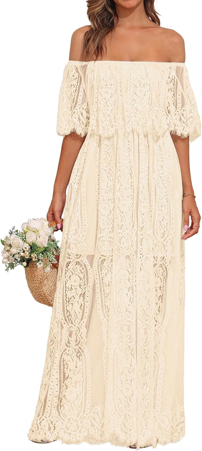 Holipick Women's Off Shoulder Lace Maxi Dress for Weddings