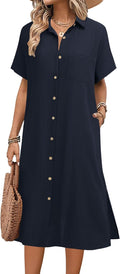 Womens Summer Linen Shirt Dress - Casual Midi Button Down with Pockets