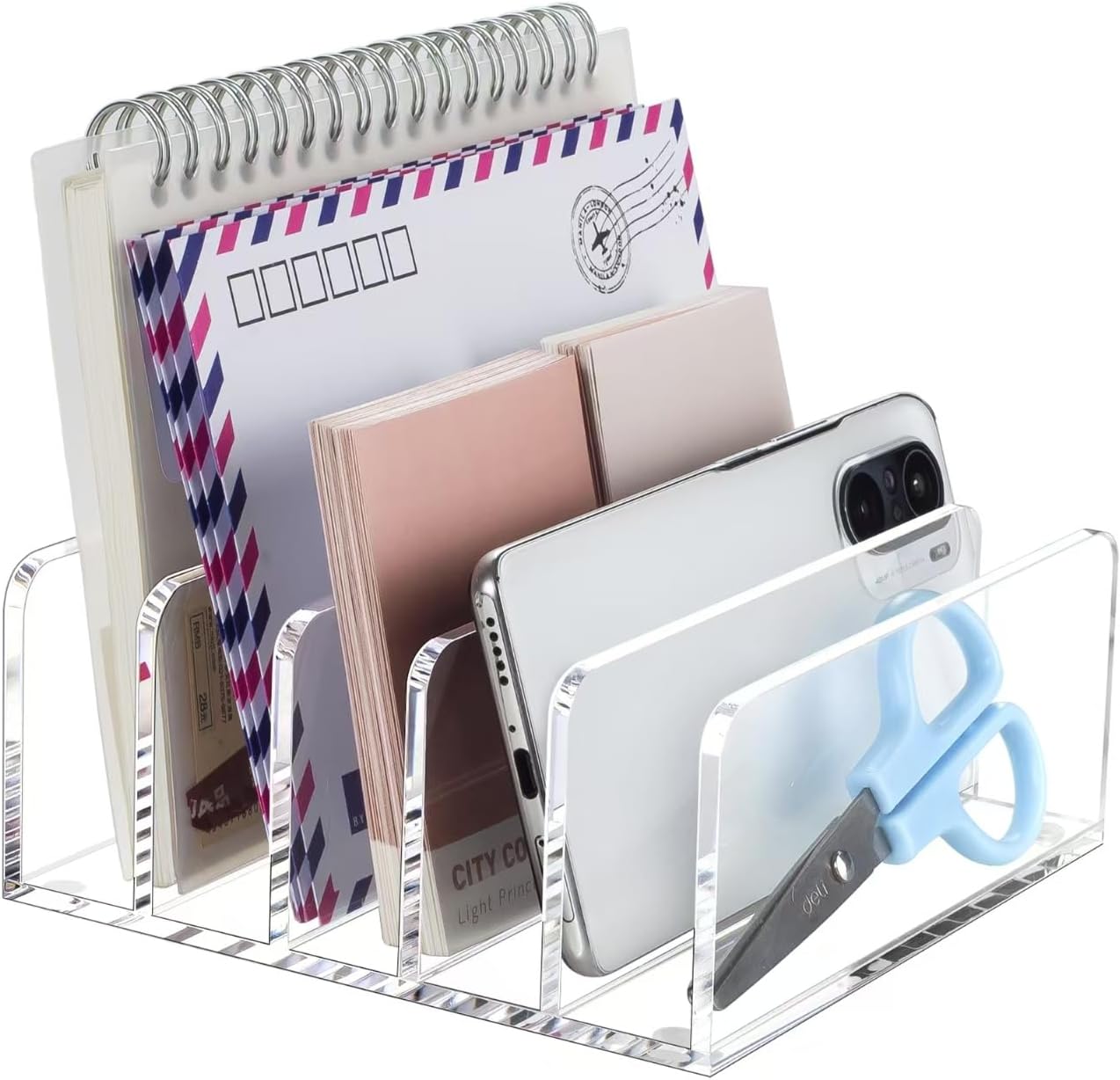 Clear Acrylic Mail Holder - 5 Compartment Desk Organizer