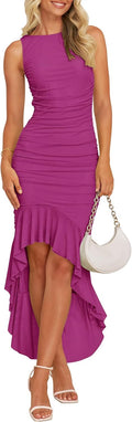 ZESICA Ruched Bodycon Dress Sleeveless Backless Ruffle Mermaid