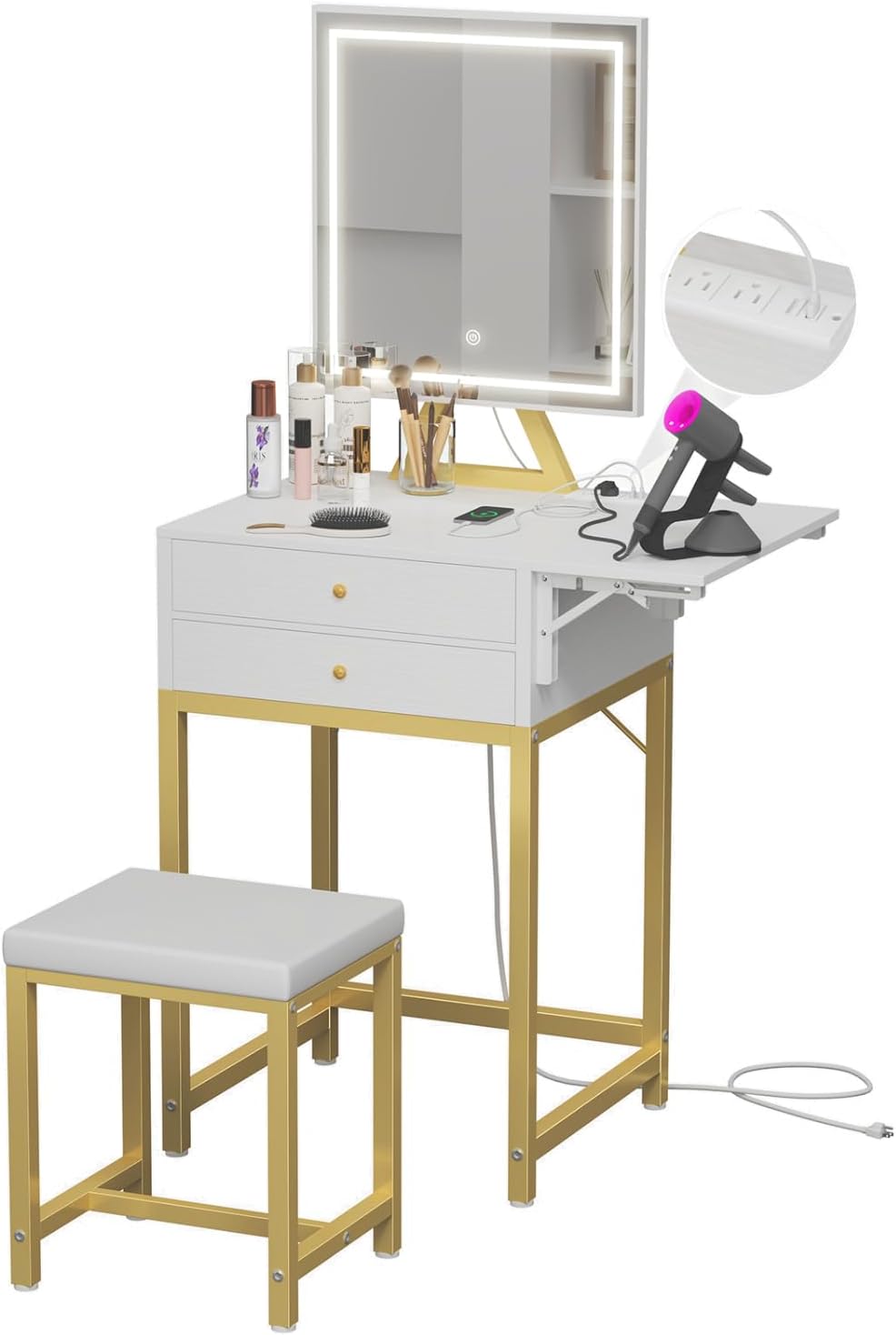 White Vanity Set with Lights & Chair - Compact Makeup Desk