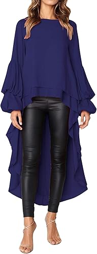 PRETTYGARDEN Women's Lantern Sleeve High Low Casual Blouse Shirt