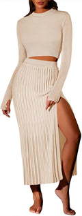 Pink Queen Womens 2 Piece Sweater Set - Ribbed Crop Top & Midi Skirt