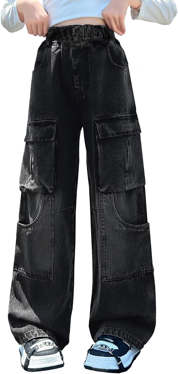 AOWKULAE Girls Jeans Elastic Waist Wide Leg Pants for Kids