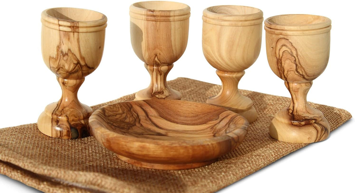 Olive Wood Communion Cups & Bread Plate Set for Worship Gifts