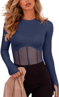 Trendy Long Sleeve Crew Neck Bodysuit in Sheer Mesh for Women