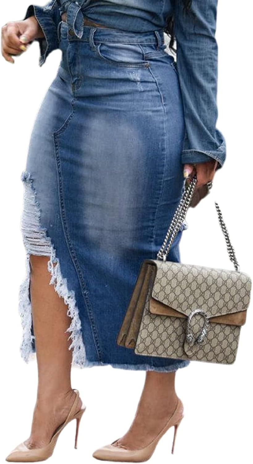 Womens Casual Slit Denim Midi Jean Skirt with Pockets